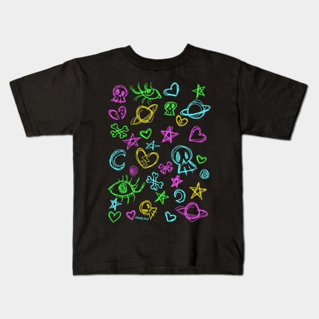 Neon Scribbles Kids T-Shirt by Jan Grackle